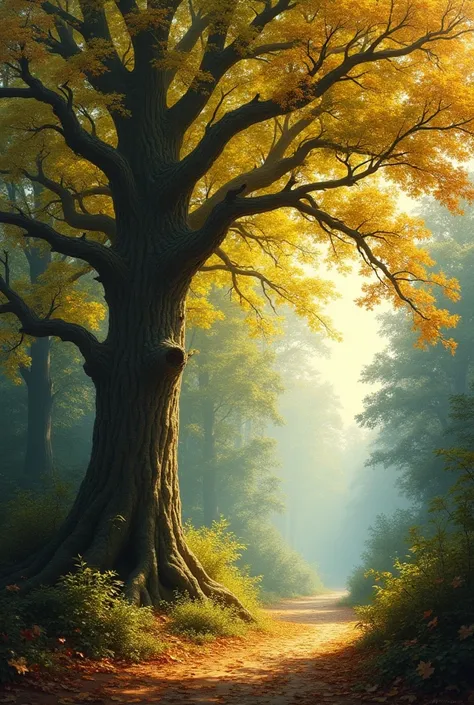  A tree in a forest where sunlight touches it horizontally, use realistic colors and texture like oil paint  