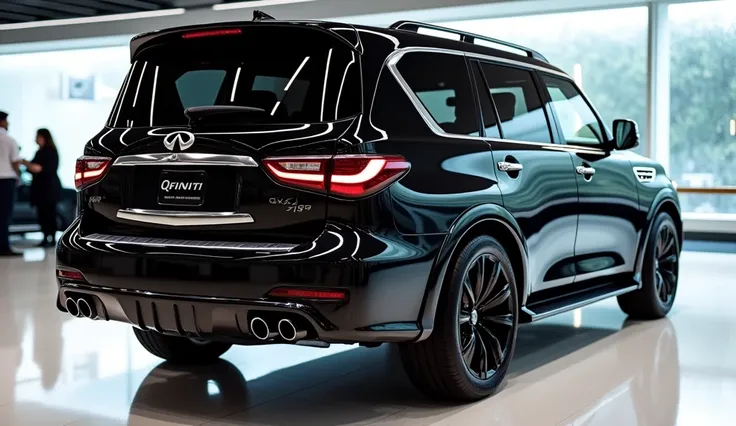 Back  side view of painted black with shiny clour modern( Infiniti QX80)sleek in large shape sedan in large size with (Infiniti QX80) logo on its large detailed grille in shiny white refelection falling on car clour with angular sporty design captured from...