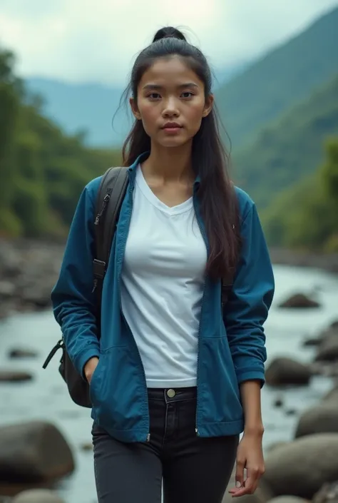 realistic, cinematic, Close-up, a beautiful Indonesian woman is going on a natural adventure by crossing a river with a background of rivers, rocks, trees and clouds. He was wearing a white t-shirt and blue jacket, black jeans and sports shoes, while carry...