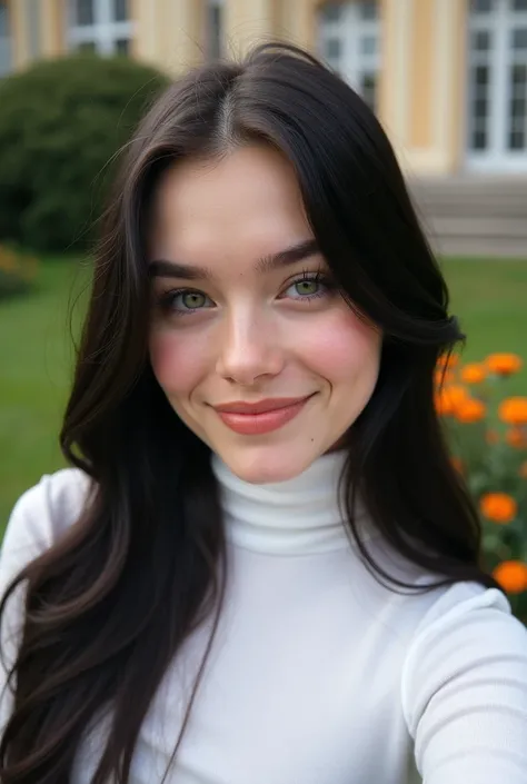  Ingridbergma young woman 20 years old ,  White porcelain skin,  green eyes,Natural light  , some freckles ,  glossy on her thick velvety lips  ,long black hair,  silky long smooth ,  wearing a white turtleneck shirt ,  in a yard with flowers and a mansion...