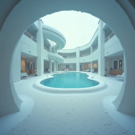 Liminal space, poolrooms , , poolrooms  con azulejo blanco, small white tile ,  circular water slides, snowy environment, snow, snow over water slides, heavy snow, white light, vhs filter,  blurred vision ,  point of view