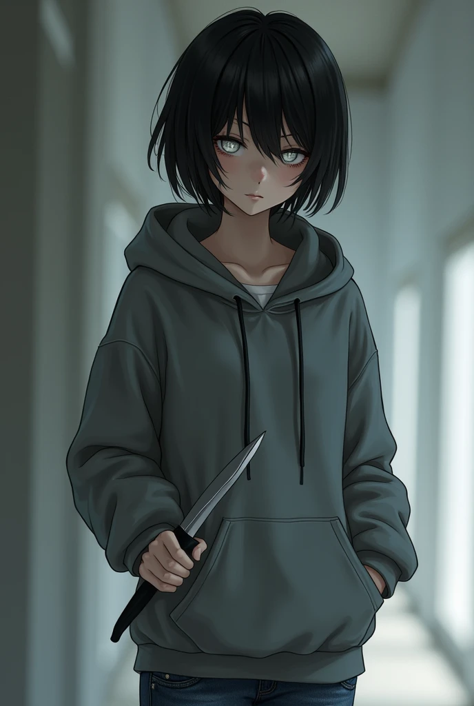 A girl with short dark hair and white eyes wearing a gray hoodie and jeans , A girl with a small nose, small mouth, and white skin , A girl with white skin is sharp, holds a knife in her hand, puts one hand in a hoodie pocket, and then walks.