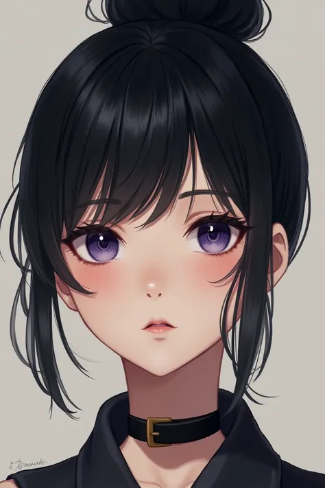 Kie is a woman with a noticeably light complexion, kind, dark purple eyes that appear a lighter color around the rims of their irises, and a small beauty mark located on the left of her face below her lower lip. She has black hair, worn tied back in a mess...