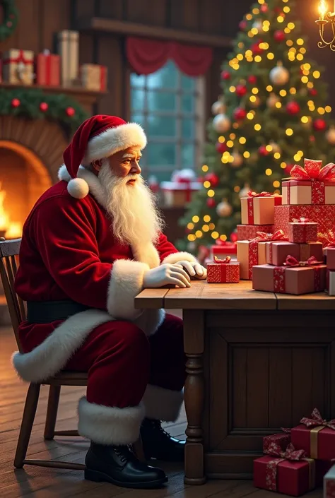 Let this person in the photo appear sitting next to Santa Claus at a table full of Christmas gifts in Santa Claus house