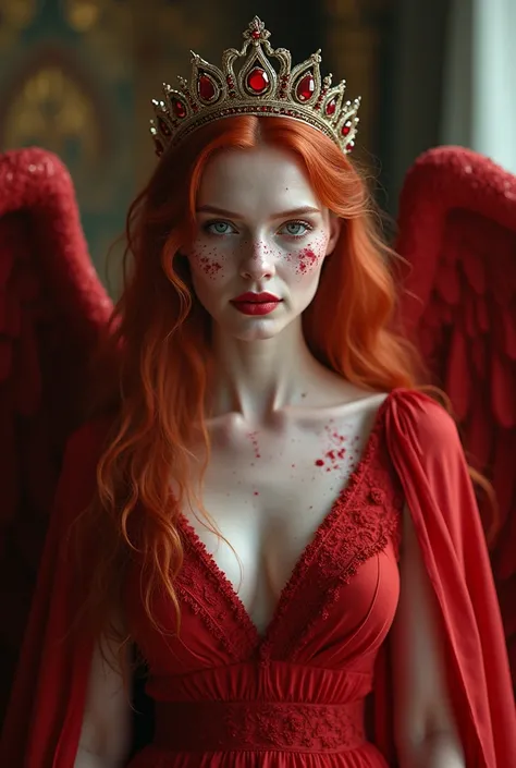  a red-haired white-skinned woman speckled with scabies , Shes wearing a red dress,  her blood-colored lips , eyes as golden as fire ,  wears a ruby crown on her head has wings like an angel,  she is in a large throne room  