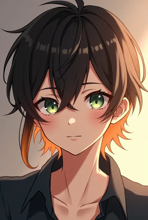 He is a 16-year-old boy with green-gray eyes and diamond-shaped pupils. 
Her dark brown hair is styled in light brown with longer bangs that hang from the right side of her face.. She turns amber brown at the ends anime style 