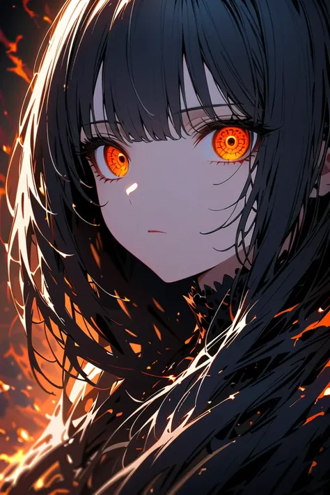 Close-up of a beautiful girl’s face, expressionless, cold and frightening, with crazed eyes resembling a killers gaze, embodying darkness, featuring cross-shaped pupils, high detail, cinematic lighting