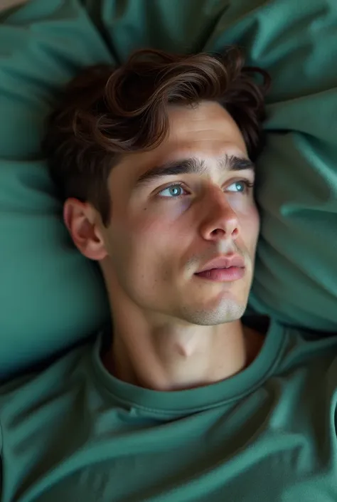 24 year old man,  brown white skin ,  short hair,  wavy hair ,  short hair,  blue eyes ,  slim body, hombros anchos, green shirt, Lying down, autophoto, Profile photo, green player,  looking at the sky, in bed, awakening 
