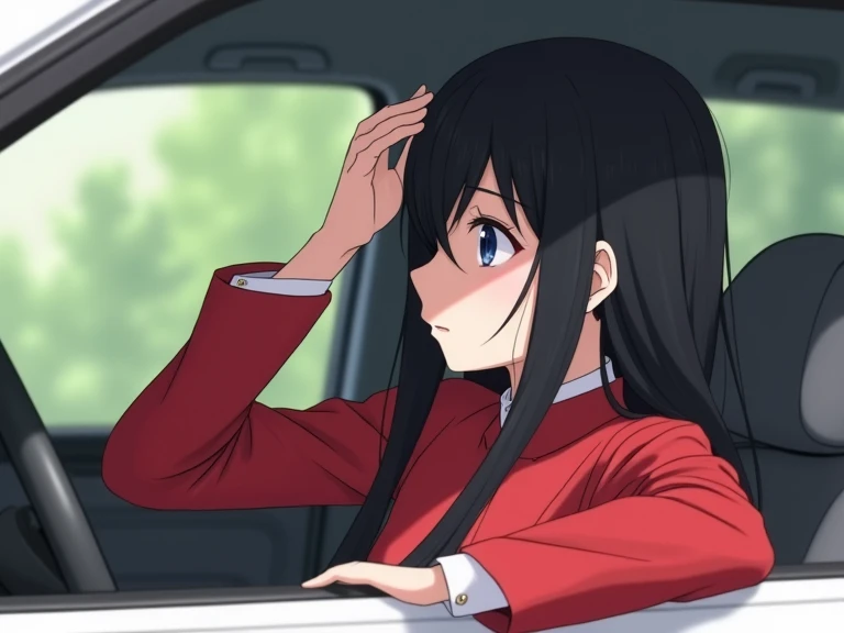 The 26-year-old girl who is wearing Indo Western suit and the color of the suit is red and the hair is on the hand and she is sitting inside the car. The car is white.High Resolution, Black Hair, HD, UHD, Closed Mouth, From Side, Simple background, Depth O...