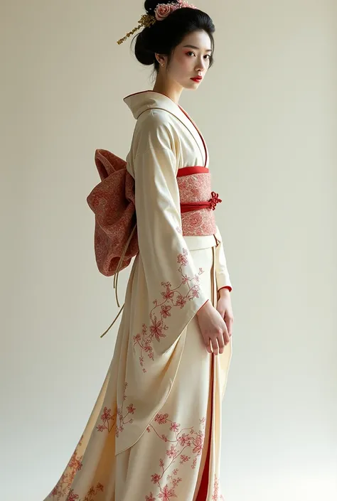 Full body shot, front view, looking at viewer.   The Japanese womans thin standing dress on the full body of a mature geisha model is extremely beautiful and a masterpiece.  This is an ancient Japanese traditional art that is displayed through the combinat...