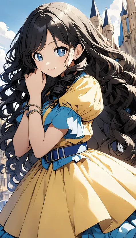 Princess, ( curly hair ),  yellow dress , blue belt, Colorful Accessories, castelo negro background, ferreiro background, black hair, Female Pose, many accessories 