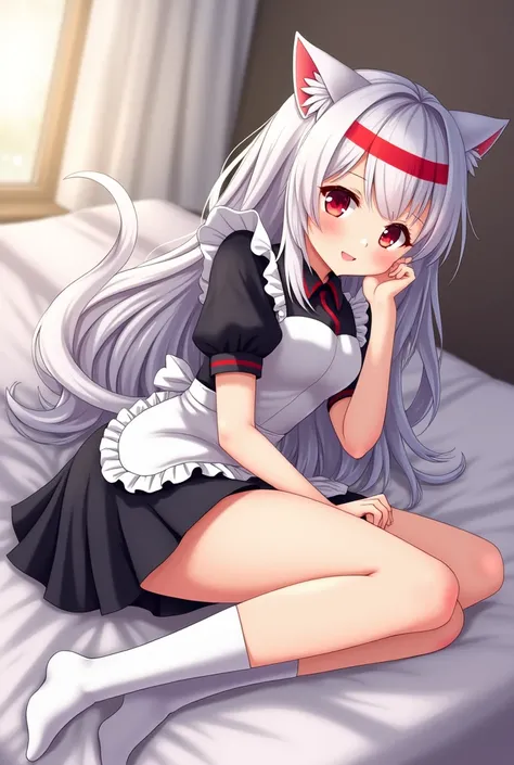  Make me 1 waifu red striped platinum hair wearing maid miniskirt to expose long legs Wear white socks with cat ears horizontal bangs style very cute, has personality and shyness lying on the bed  