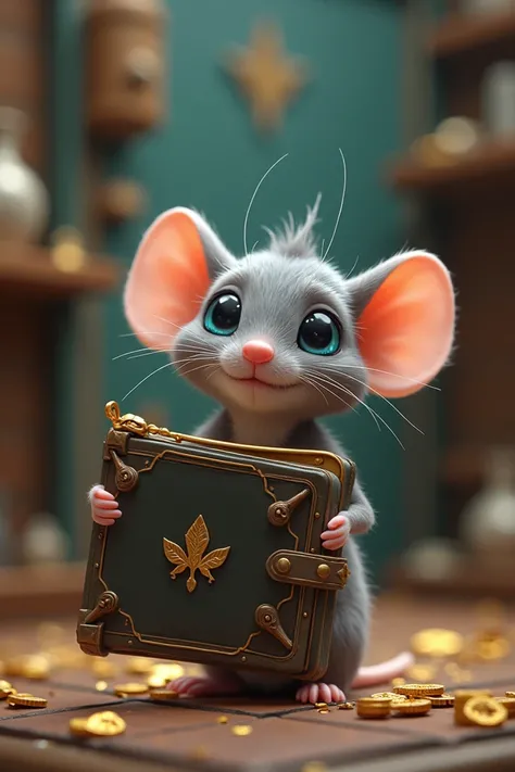 A little gray mouse with blue eyes, very small nose with lots of money, a big wallet the size of a house in a mouse world setting.