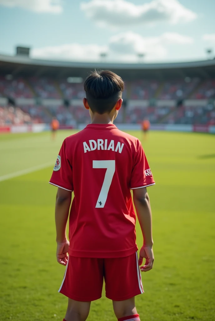 A boy on a soccer field with his back and on his shirt has the number 7 and the name Adrian and the red shirt and the boy who is brown but not as much skin and hair and hair as straight but not so much