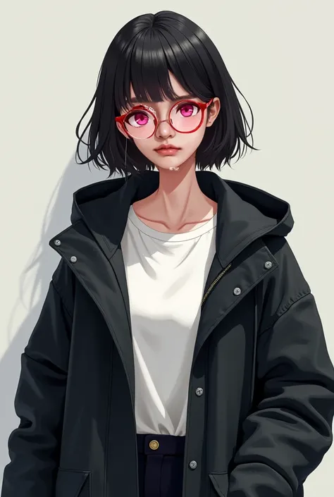 A 20-year-old Japanese woman, freelancer, wearing a black parka and a white shirt, black very short hair, pink eyes, and red glasses.