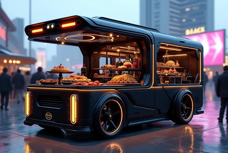  futuristic gourmet street cart to sell products and food , Food by Luxuoso Primium Black, Neon headlight, open sides and roofless ,  more realistic modern design with technological and beautiful shapes ,  looking like a car from the future ,  set at dayli...