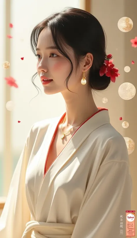 (photorealism:1.2), beautiful woman, charming Japanese woman inspired by Yakult, with soft, silky black hair styled in a neat and graceful way. Her complexion is smooth and glowing, symbolizing health and vitality. She wears a minimalist outfit in creamy w...