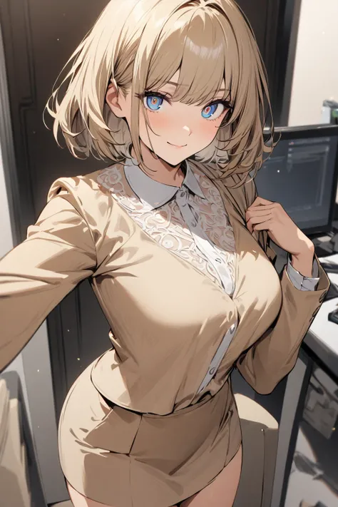 (best quality:1.3), 1girl, cowboy shot, perfect face, detailed eyes, bob cut, light smile, wearing a business suit, beige jacket, (womens blouse designed to be worn as an inner top for a business suit), knee-length beige skirt, office, 