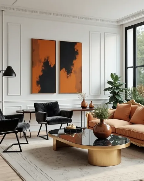 living room, black marble coffee table, furry black armchairs, orange sofa antiche, light wooden flooring, big windows, pieces of art classic, maximalist interior, orange and black abstract paintings on the wall, vases, big floor lamp black
