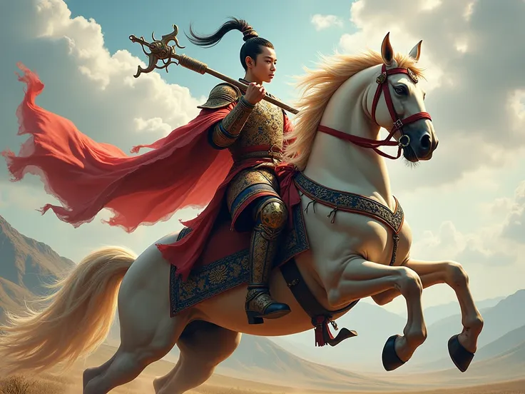 Image of Guan Yu holding a halberd and riding a prancing horse., smooth skinned,UHD,64K