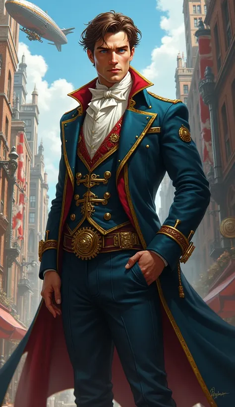 Create a detailed illustration of a tall and strong white Caucasian male steampunk lord. He has tousled brown hair, bright blue eyes, and pale skin with a refined, elegant appearance. He is dressed in an elaborate, tailored outfit made of rich fabrics, fea...