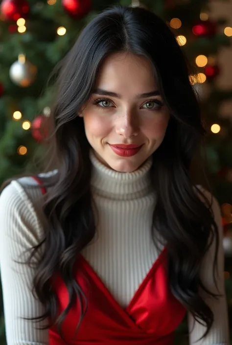  Ingridbergma young woman 20 years old ,  White porcelain skin,  green eyes,Natural light  , some freckles , Glossy on the lips gross velvety  ,long black hair,  silky long smooth ,  wearing a white turtleneck shirt ,  in a red satin dress you have to sit ...