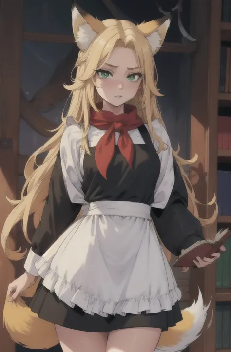 Create an image of an anime girl, 19 years old, fox ears, fox tail , long hair, green eyes, very dark big circles under eyes, dark circles under eyes, blonde hair,holding_book
perfect anatomy,blonde,long hair,look at looking at viewer,(white apron:1.1),red...