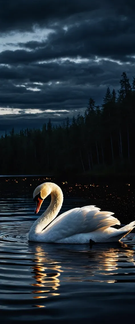 The swan of Tuonela in the Finnish epic poem "Kalevala" floats on a pitch black lake, the swan is radiating with a light that seems like life is burning from its entire body,