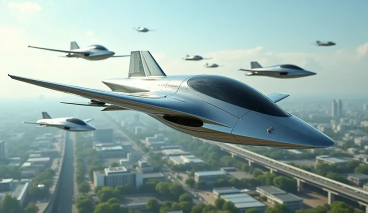 A fleet of futuristic flying vehicles soaring through a clear sky, their sleek and aerodynamic designs reflecting sunlight. Below, a sprawling city with elevated roads and green rooftops can be seen. The scene conveys speed and technological advancement. C...