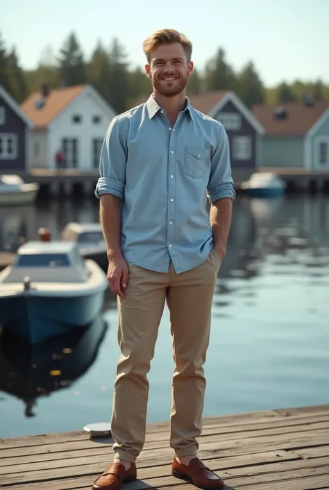 young man from Åland Islands, dressed in casual attire suitable for a modern coastal setting. He is wearing a light blue button-up shirt, beige chinos, and comfortable loafers. His look reflects the Nordic aesthetic, with neat blond hair and a friendly dem...