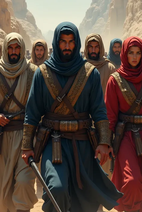 A group of men and women in Islamic war clothes