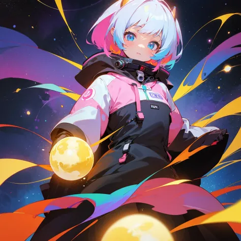 The girl is cute, Cosmonaft, Spacewalk,  background, unknown multicolored planet with nebulae , planet orbit, cosmanaft spacesuit