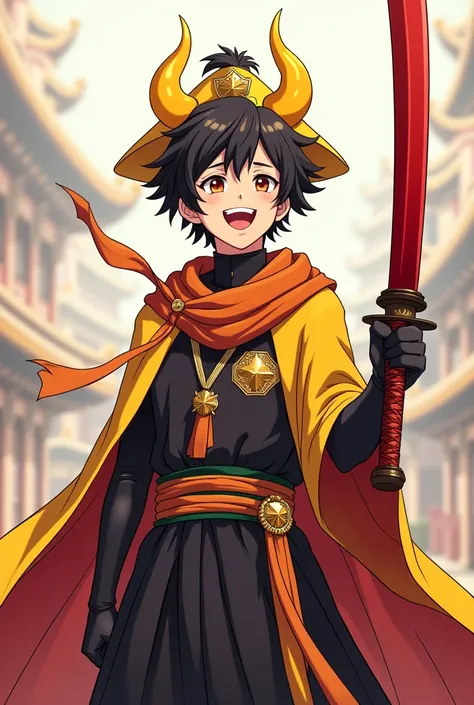 Lelaki anime  ,rambut berwarna hitan, muka gembira ,baju kerajaan ,pakai pedang katana merah,pakai topi berwarna kuning,ada tanduk berwarna kuning, pakai face mask hitan