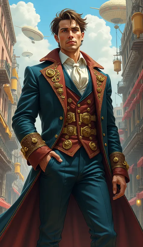 Create a detailed illustration of a tall and strong white Caucasian male steampunk lord. He has tousled brown hair, bright blue eyes, and pale skin with a refined, elegant appearance. He is dressed in an elaborate, tailored outfit made of rich fabrics, fea...