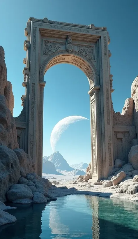 an ancient ruined archway on the moon, fantasy, ruins of an alien civilization, concept art, blue sky, reflection in water pool, large white planet rising behind it, --v 6.0 