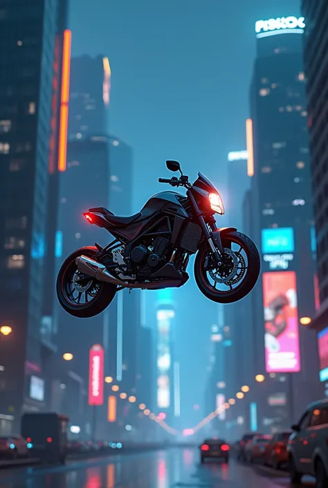 Imagine the scene, where the motorcycle floats in the air, surrounded by futuristic elements. Create an image of the future, where technology allows a motorcycle to fly over city skyscrapers, illuminated by neon lights and electric glare. Capture the dynam...