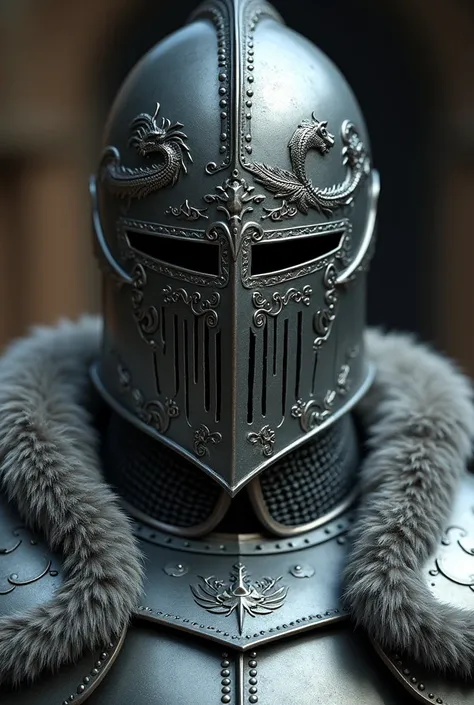 Create an image of a close-up of a person wearing a medieval-style helmet and armor. The helmet is intricately designed with detailed engravings, including a prominent depiction of a dragon or similar mythical creature on the front. The helmet has a visor ...