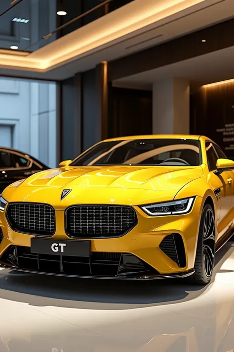 create an ultra-detailed 3D render, of a modern Pontiac gt  with a bold design looking long captured from sideview. The car should feature a Gleamy yellow color with a Pontiac  logo on its front, a large white detailed grille like rolls royce spectre, blac...