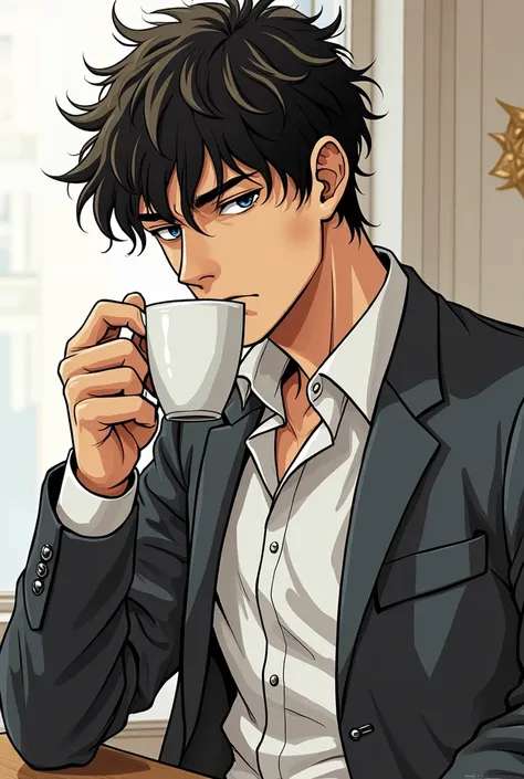 Drawing of a man, holding a cup of coffee ,  manga wallpaper Kentaro Miura manga style ,  manga style Kentaro Miura ,  Kentaro Miura art ,  Kentaro Miura art  style, okabe rintaro,  anime handsome man , tsurumaki kazuya , Gendo Ikari smokes a joint,  manga...