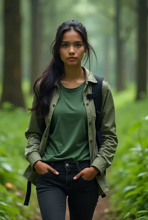 realistic, cinematic, Close-up, a beautiful Indonesian woman is going on a natural adventure in the forest with a background of big trees and grass. He was wearing a green t-shirt and jacket, black jeans and sports shoes, while carrying a backpack. She loo...