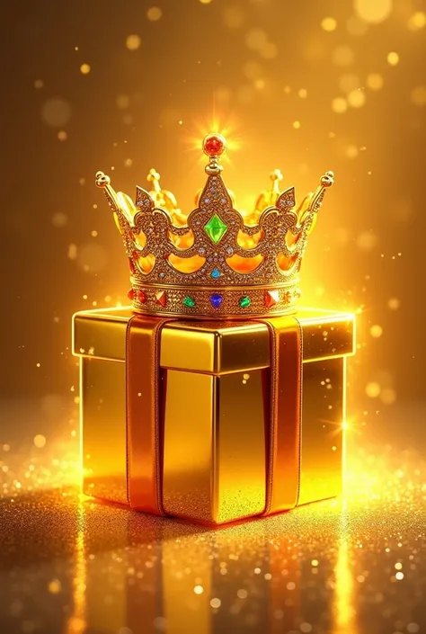 "Create a digital art piece featuring a luxurious gold-themed gift box as the centerpiece. The gift box should have a glossy finish with alternating gold and yellow tones, topped with a regal, intricately designed golden crown encrusted with colorful gemst...