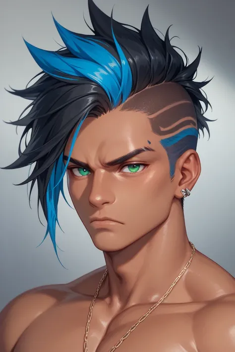 Solo, 1 Adult man, Masculine, strong, tanned skin, black hair, blue highlights, emerald eyes, sexy face, clenched fists, serious, closed mouth, punk style, HD, Perfect hands