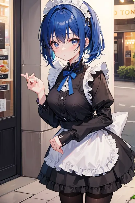 a cute girl blue pigtail hair wearing a short skirt maid dress and black pantyhose , medium breasts, brown eye, eye makeup standing in back position in front of a cafe at night time