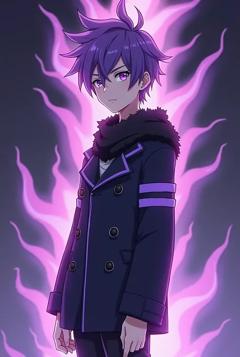 A very tall, 18-year-old boy with short spiky violet hair and piercing violet eyes, thin fit male build, wearing in a black coat with purple stripes and fluffy sleeves, in black pants, in black boots, on neck there is a black fluffy scarf, serious expressi...