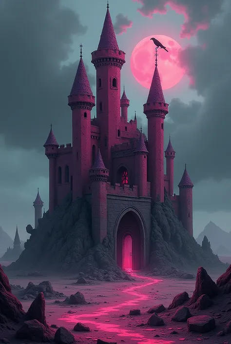  

"Create a detailed illustration of a dark, mysterious pink castle situated in a desolate, eerie landscape. The castle should have a weathered, crumbling appearance, with broken towers, jagged edges, and cracks in the walls. The surrounding area should b...