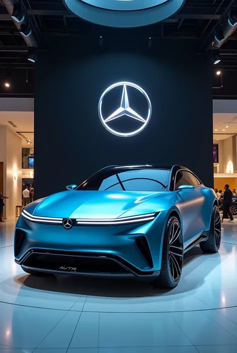 New 2025 new designs Mercedes AVTR front view sky bule color shiny exterior showroom showcase background logo 