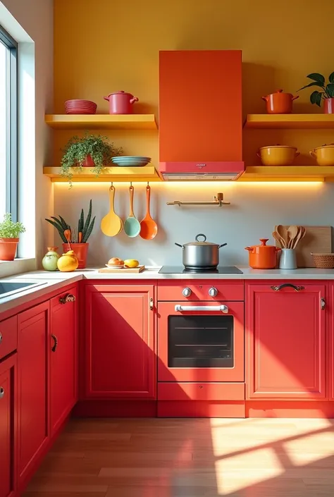 A super colorful and modern kitchen, with appliances in vibrant shades of red, pink and yellow. The kitchen is tamatic with Hello Kit, creating an interactive environment. The bench is decorated with colorful utensils making cooking fun and stimulating.