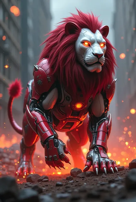 A futuristic and menacing hybrid creature combining the essence of Iron Man and a lion. The creature features a sleek, metallic exoskeleton with glowing arc reactor lights embedded in its chest and paws. Its lion-like head has a metallic mane with sharp, b...