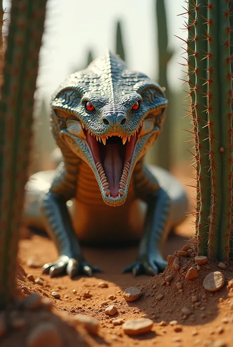  Warrior snake in the caatinga with armor, surrounded by cacti ,  Ultra realistic photo