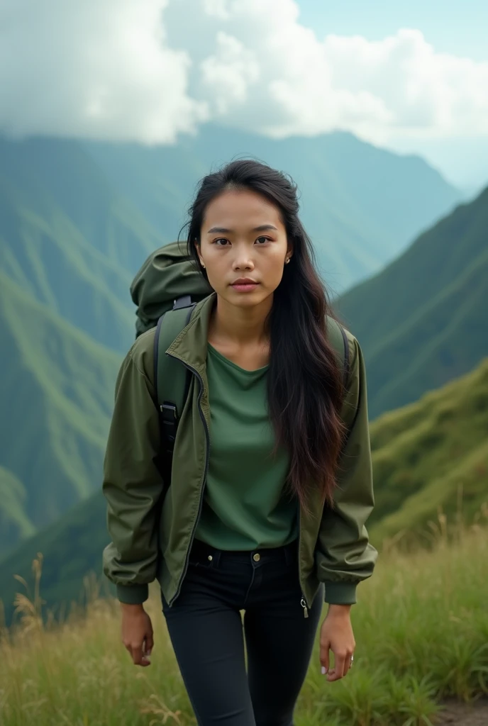 realistic, cinematic, close-up, a beautiful indonesian woman is going on a natural adventure climbing a mountain with a background of mountains, grass and clouds. he was wearing a green t-shirt and jacket, black jeans and sports shoes, while carrying a bac